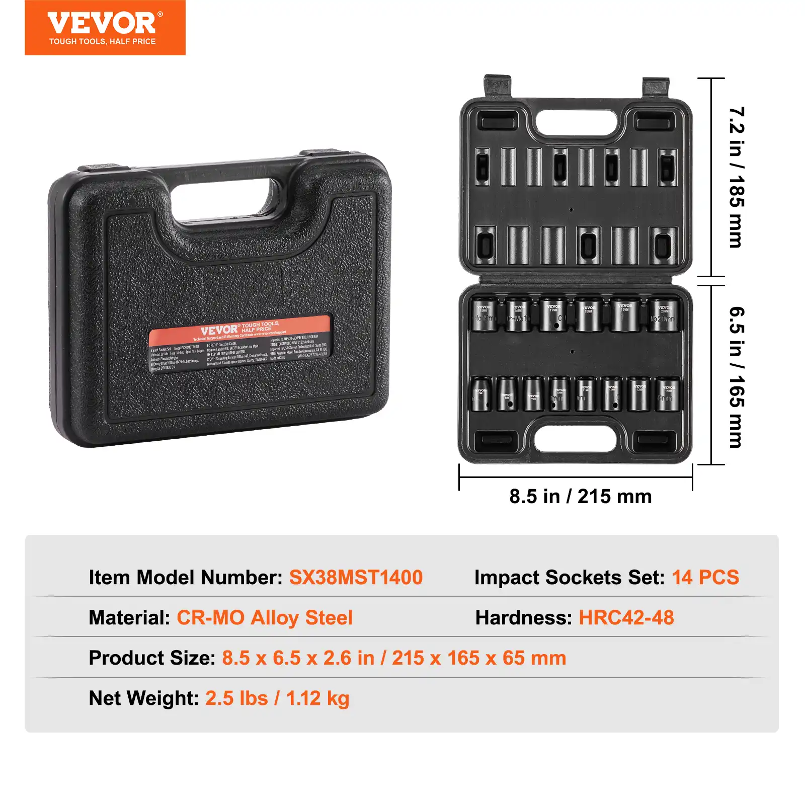 Vevor Impact Socket Set 1 Inch Drive Deep Impact Socket Set - 9-Piece Cr-Mo 6-Point Sockets (1-2 Inch) 1/2 Deep Impact Socket Set