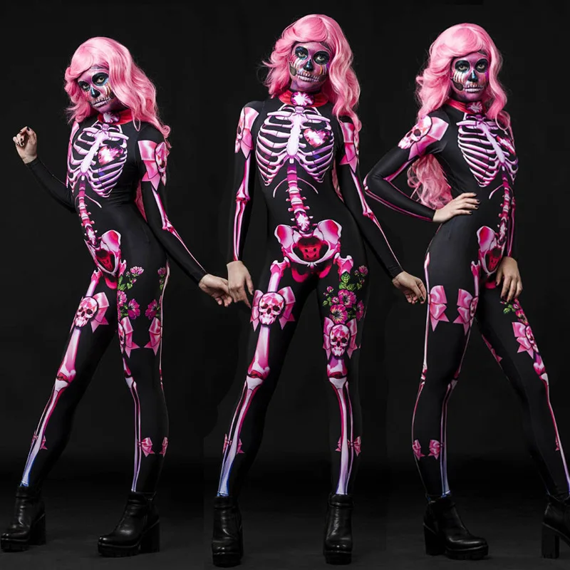 Rose Skeleton Adult Kids Scary Costume Halloween Dress Cosplay Sexy Jumpsuit Carnival Party Baby Girl Rompers Day of The Dead