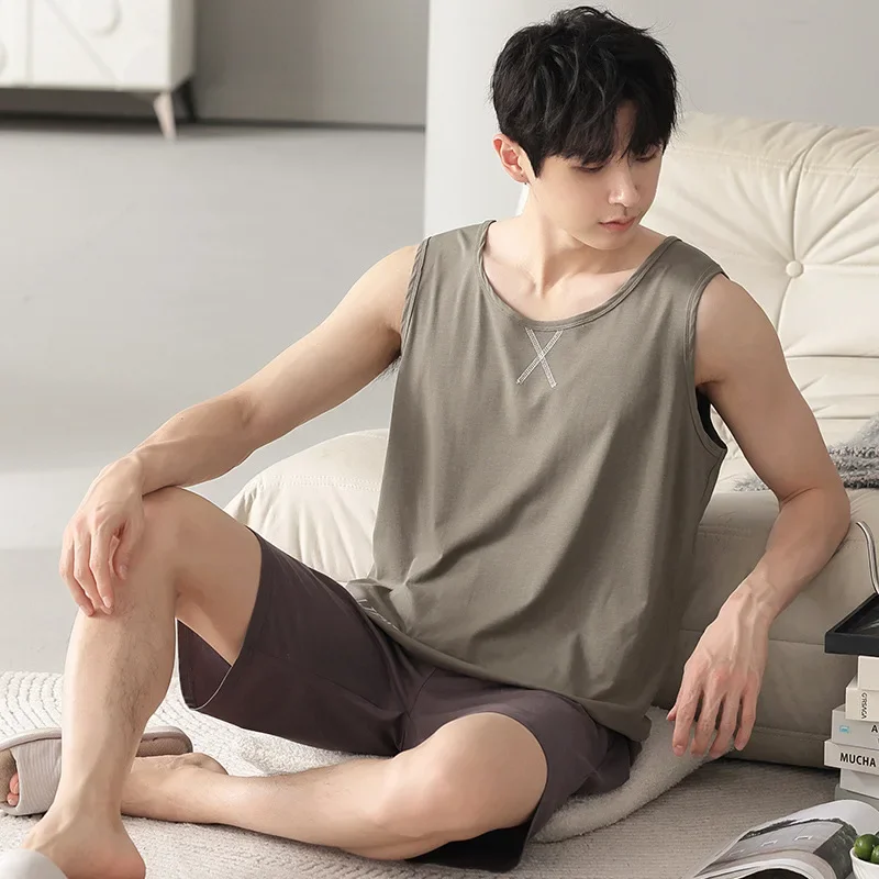 Summer Men Pajamas Modal Cotton Shorts Casual Cotton Silk Male Outerwear Sleepwear Homewear Suit