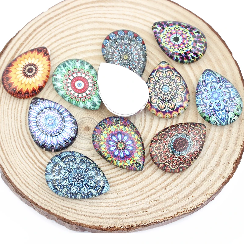 

10Pcs Bohemian Style Flower Pattern Glass Drop Shape Dome Mixed Color Mosaic Printed Glass For DIY Earrings Necklace Accessories