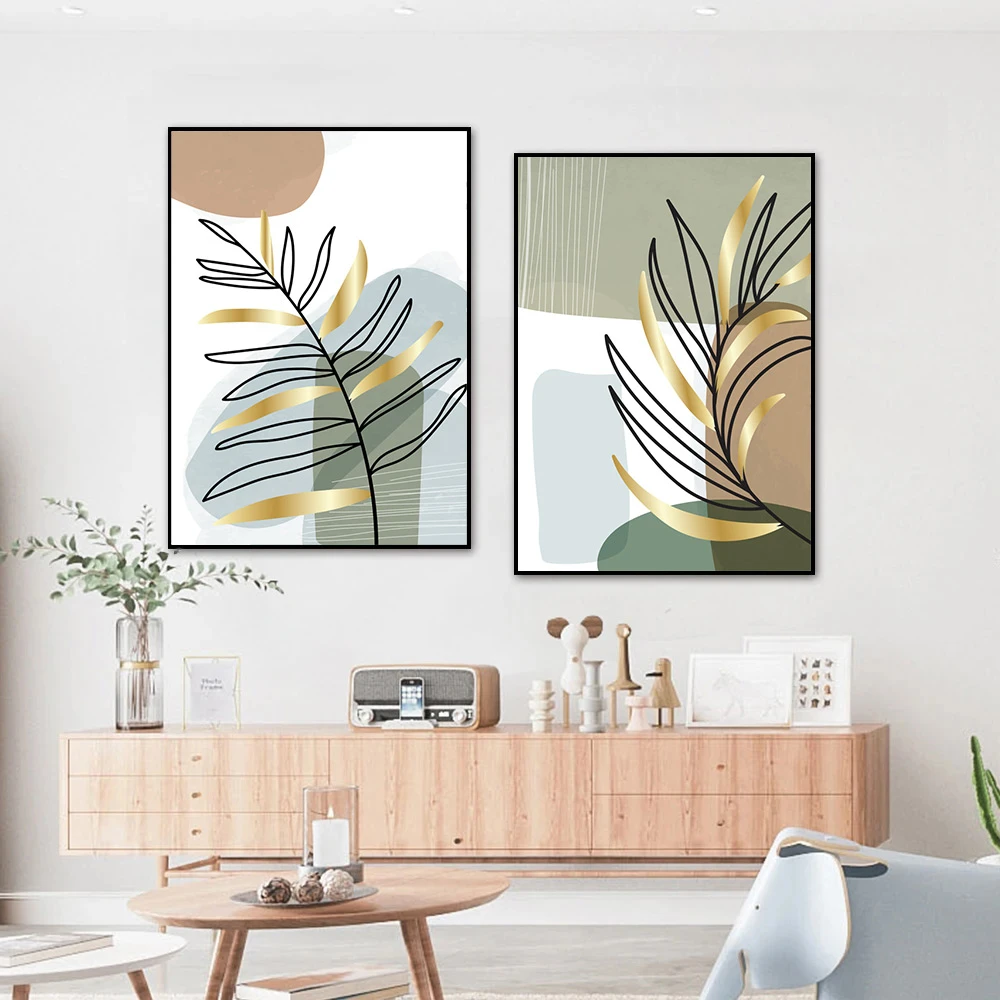 

Abstract Gold Leaf Boho Line Posters Minimalist Wall Art Canvas Painting Geometry Print Pictures Nordic Poster Living Room Decor