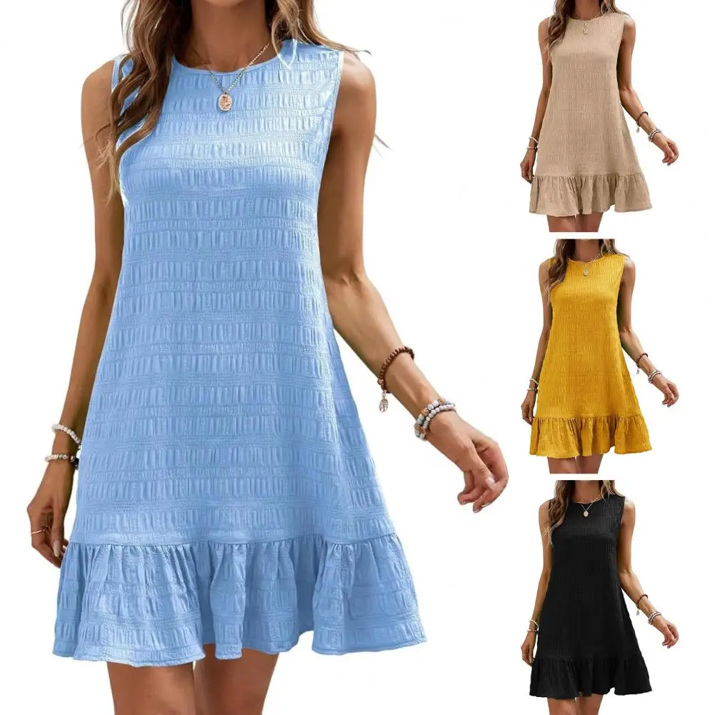 

Women Dress Chic A-line Mini Dress with Pleated Ruffle Patchwork Hem for Summer Dating Shopping Round Neck Pleated Dress