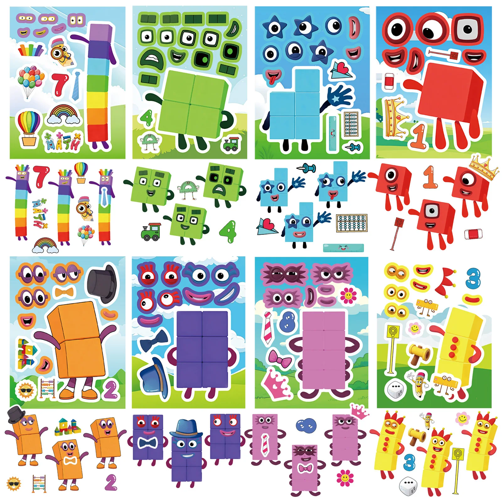 8/16 Fogli di Adesivi Puzzle con Numeri e Cartoni Animati per Decorare Quaderni, Scatole, Frigoriferi, Impermeabili e Fai-da-Te - immagine 6