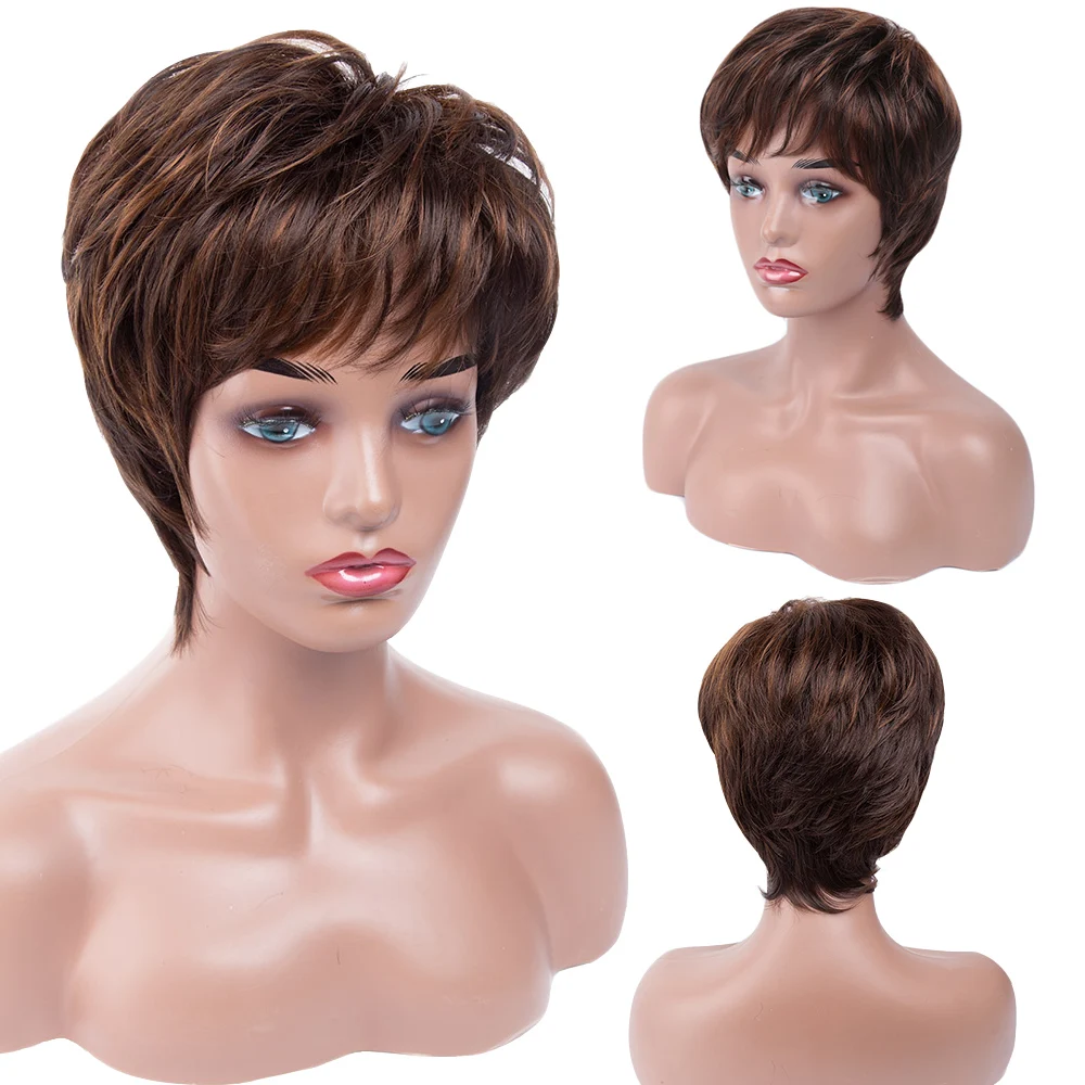 Amir Synthetic Short Straight Curly Wig For Women Bob Wig With Natural Bangs Ombre Brown Black Hair Wigs Daily Cosplay Party