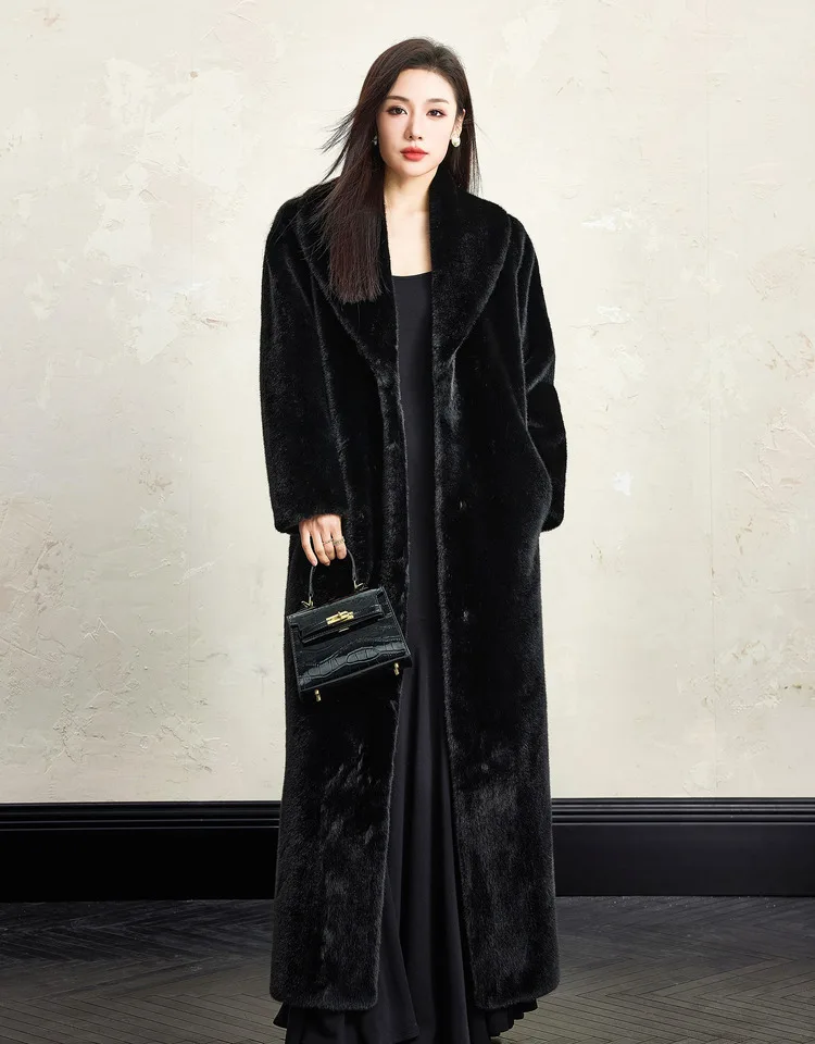 Lautaro Winter Extra Long Elegant Luxury Chic Thick Warm Soft Black Fluffy Faux  Fur Coat Women Shawl Collar Furry Overcoat 2025