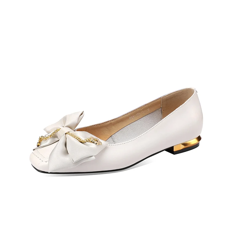 

2023 new spring women pumps natural leather 22-24.5cm length cowhide+sheepskin Square toe bow-knot Metal chain womens shoes