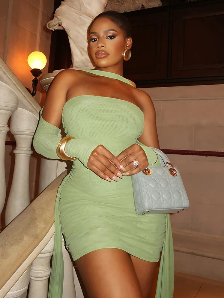 kliou Mesh Simple Women Mini Dress Fashion Solid Strapless Ribbons Tassel Body-shaping Vestidos+Seperately Full Sleeve Gloves 6