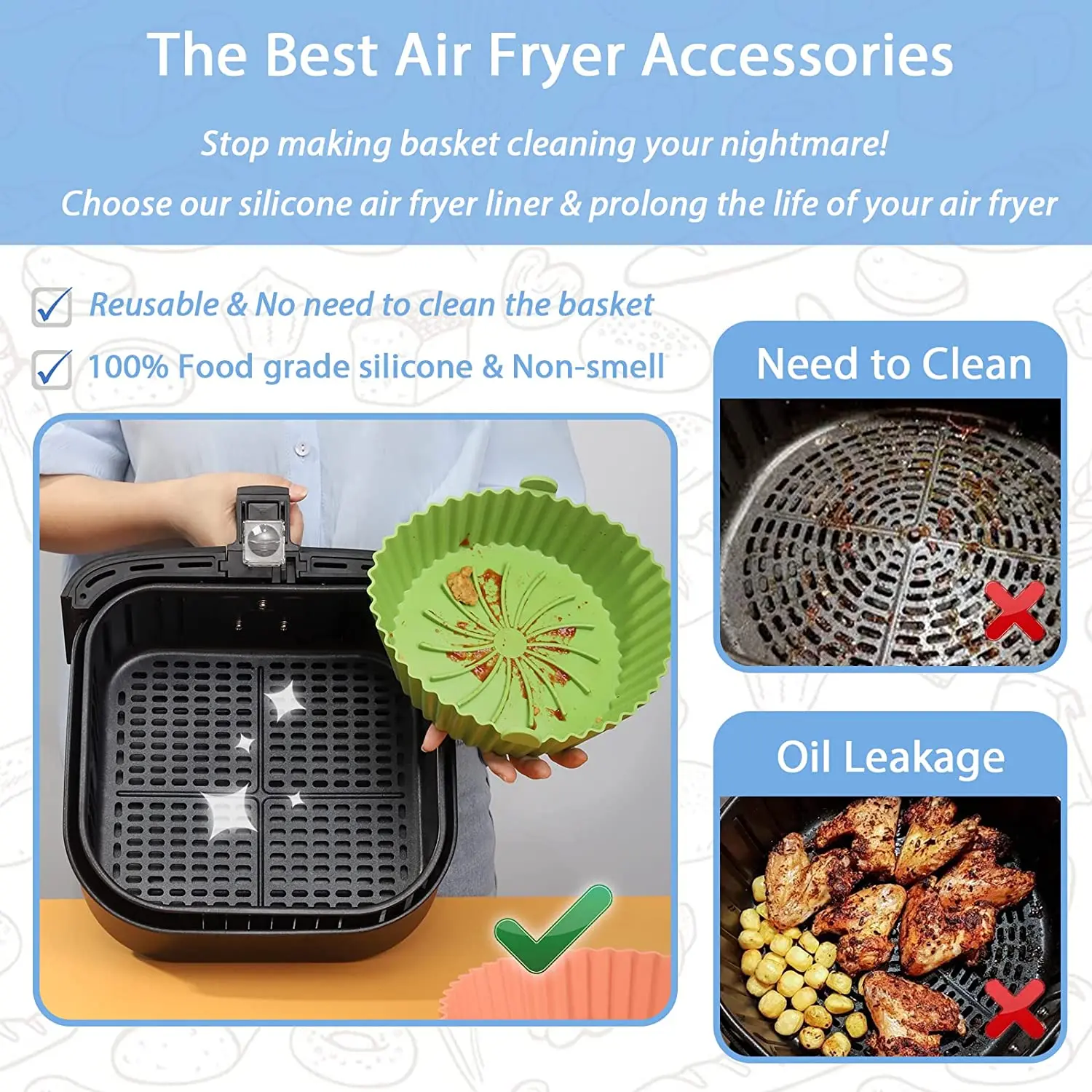 Kitchen Silicone Air Fryer Pot with Handles Reusable Air Fryer Liners Non  Stick Air Fryer Basket Accessories - China Air Fryer Silicone Liner and Silicone  Liner price