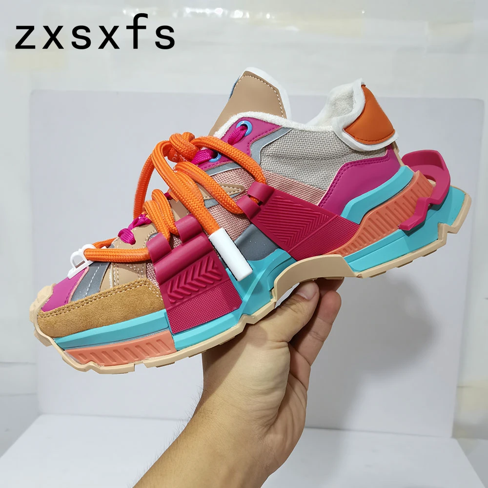 

2022 Designer Platform Sneakers Women Thick Sole Patchwork Mules Casual Flat Daddy Shoes Ladies Lace Up Runners Shoes For Lovers