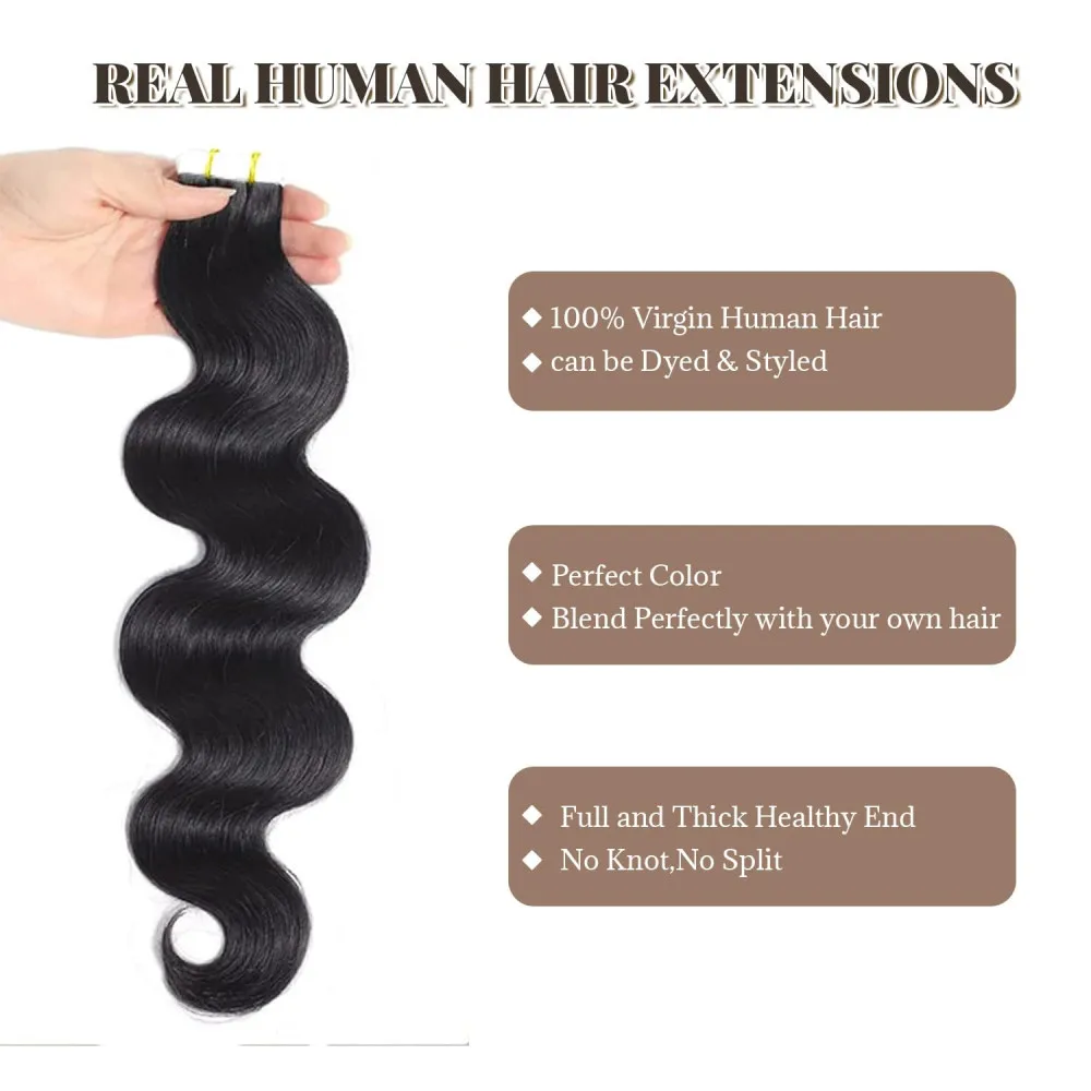 Tape in Hair Extensions Human Hair Body Wave Brazilian Natural Human Extensions Invisible Seamless Natural Black Tape ins