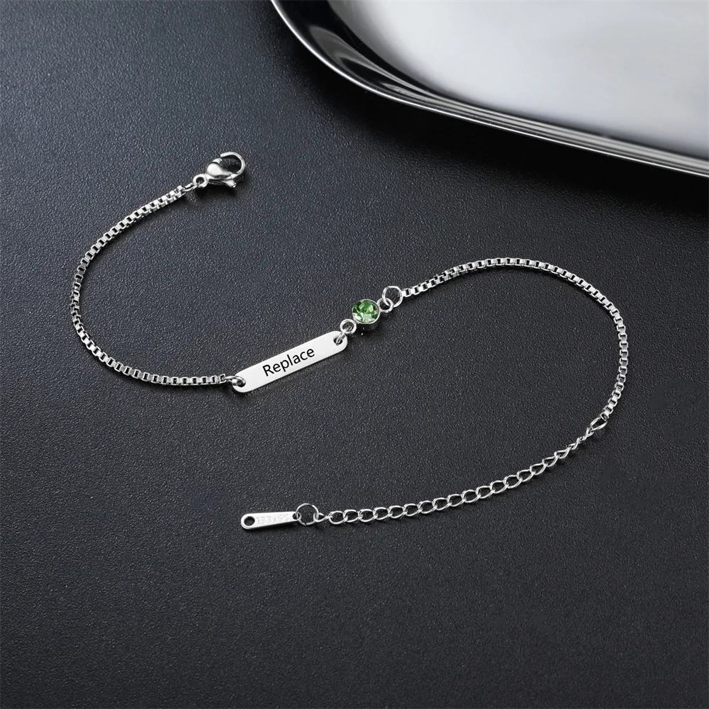 Custom Birthstone Engraved Bar Name Initial Date Bracelet Stainless Steel Personalized Jewelry Mother's Day Gifts Wife_voghion.com