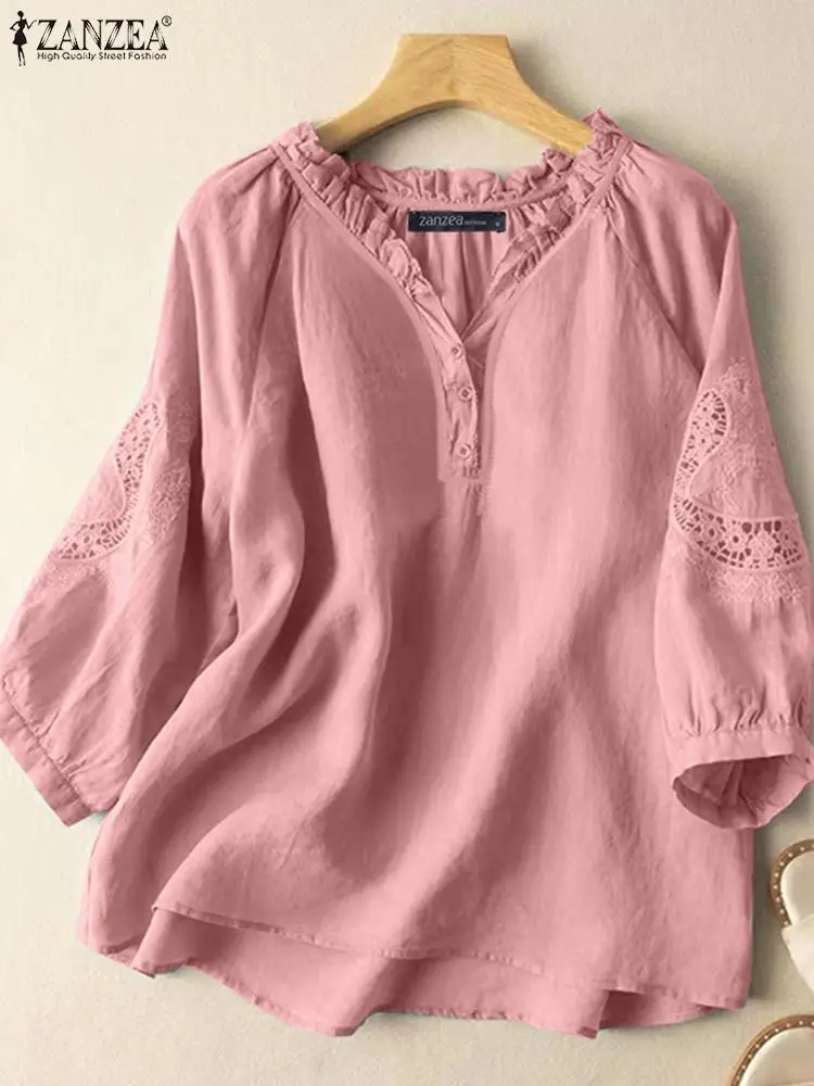 

ZANZEA Casual Loose Lace Patchwork Blouses Women Elegant Ruffled V Neck Lantern Sleeve Blusas Summer Daily Cotton Tops Tunic