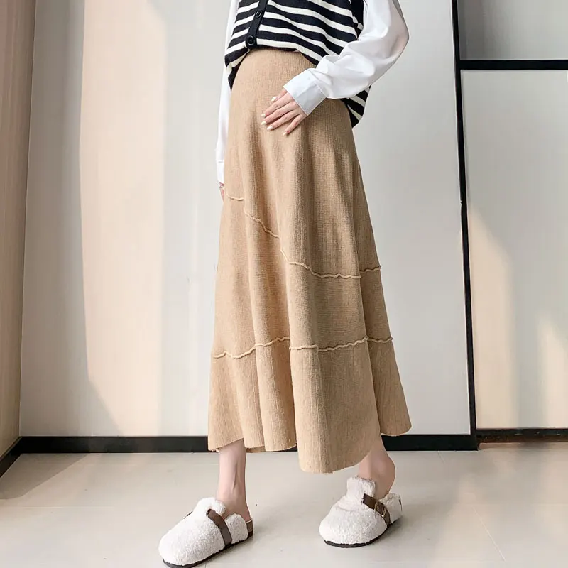 

Autumn and Winter Fashion Pregnant Women's Large Swing Knitted Belly Skirt Ankle-length Maternity A-Line Full Skirts Black Khaki