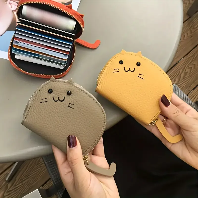 귀여운 고양이 모양 신용 카드 홀더 지퍼 가죽 카드 지갑 여성용 휴대용 소형 지갑 ID 카드 현금 동전 수납 가능