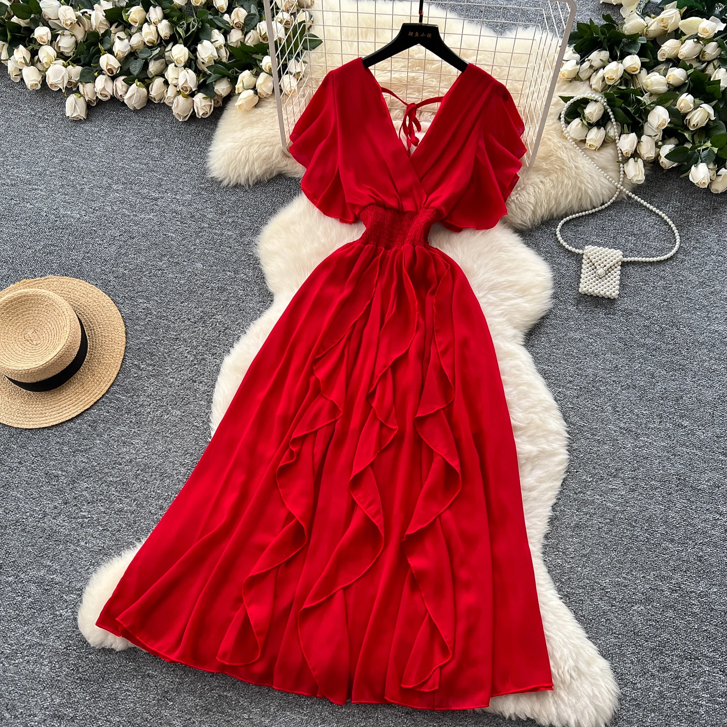 Elegant Criss-Cross chiffon short sleeve Vintage Chic Slim Ball Gown Dresses French Evening High Street Clothing
