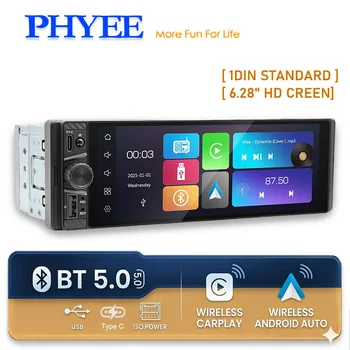 Radio para Auto con Pantalla Táctil de 6.28 Pulgadas, 1 DIN, con Apple CarPlay/Android Auto Inalámbrico, Bluetooth 5.0, Carga Tipo C, Reproductor MP5 con FM y USB 1