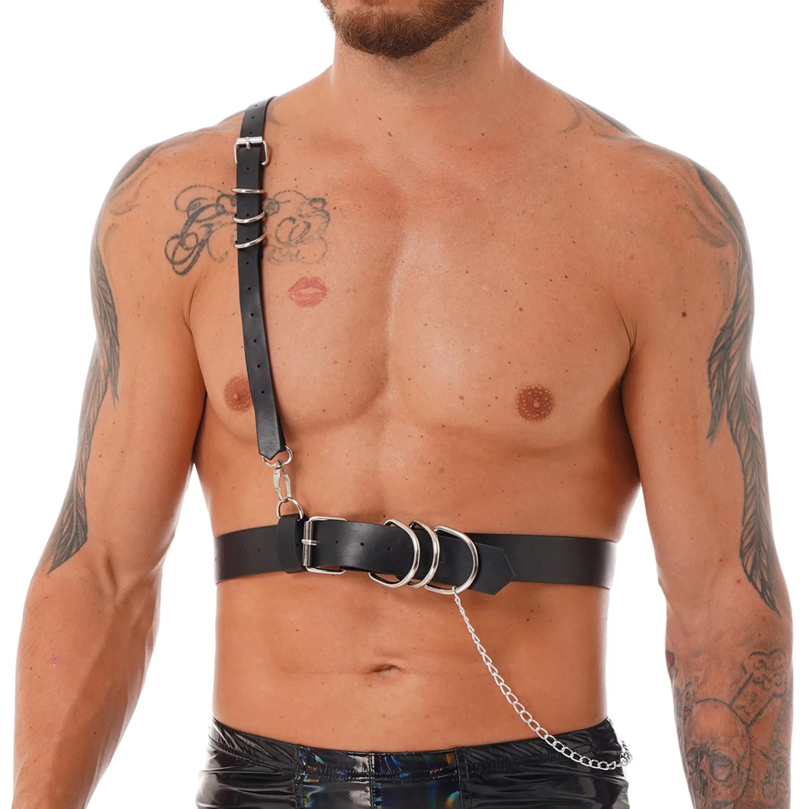 Black Leather Mens Body Chest Harness O Rings shoulder Straps Costume Fancy Belt 