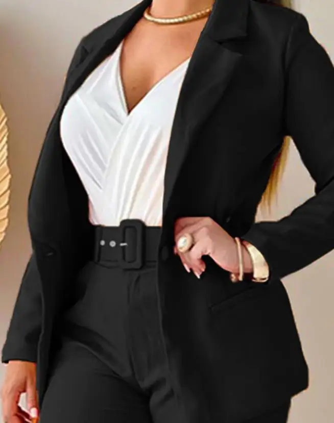 Women's Elegant Pants Set 2024 Latest Turn Down Collar Button Long Sleeve Button Pocket Blazer Coat&daily Work Belted Pants Set