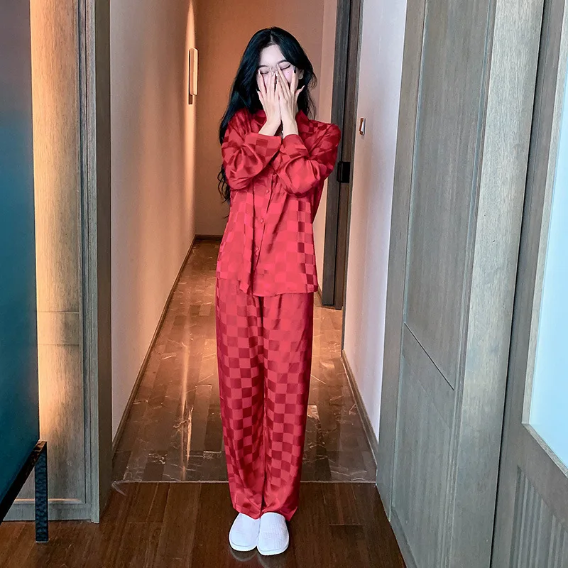 Spring Autumn Sleepwear Women Silk Pajamas Sets Long Sleeve Cardigan Pants Prints High-end Women's Clothing Trends Loungewear