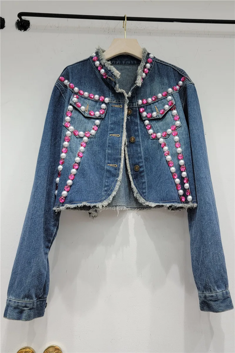 

High-End Design Temperament Heavy Industry Beads Frayed Hem Denim Jacket Women's Jean Jacket Top Autumn 2023 New Cropped Coats