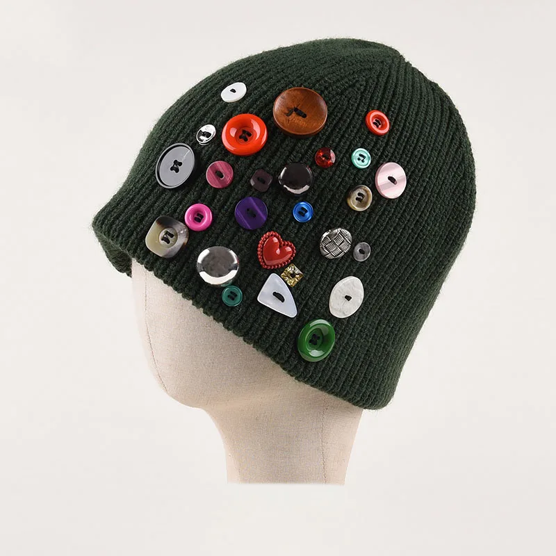 

Fashion Color Button Hat Women Hip Hop Winter Warm Ear Protection Hat Black Street Knit Baotou Hat