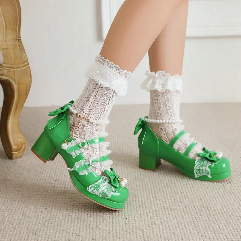 

Size 33 Bright Green Pink Lovely Girls Lolita Shoes Spring With Butterfly Knot Lace Ruffles Pearls Strap Chunky Heels Mary Janes