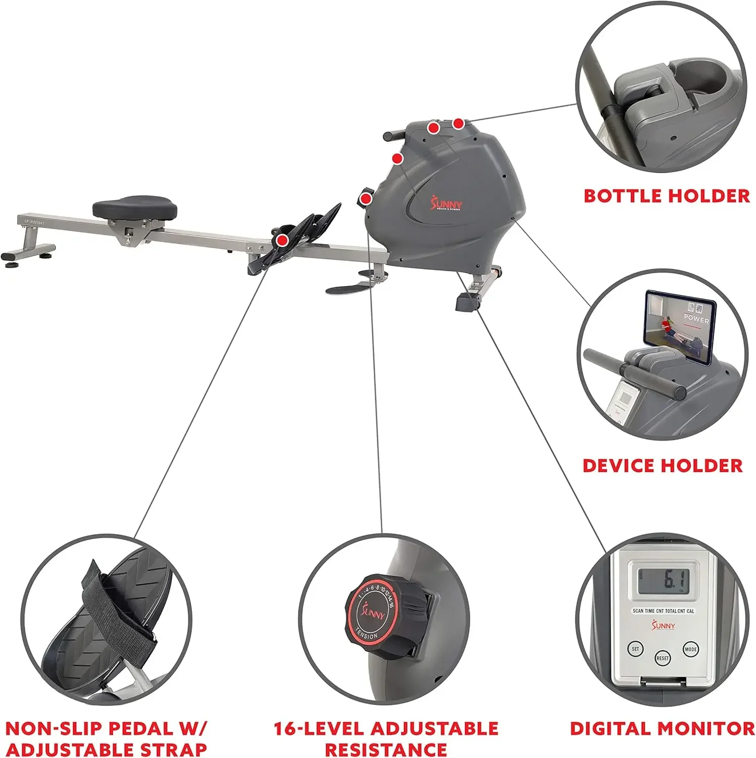 Health & Fitness Multi-Function Premium Magnetic Rowing Machine Bicep Curls Upward Rows Seated Rows