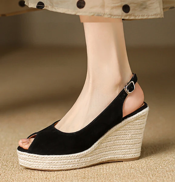 EAGSITY cow suede peep toe Casual wedges sandals platform Women slingback heel shoes espadrilles ankle strap pumps bohemia style