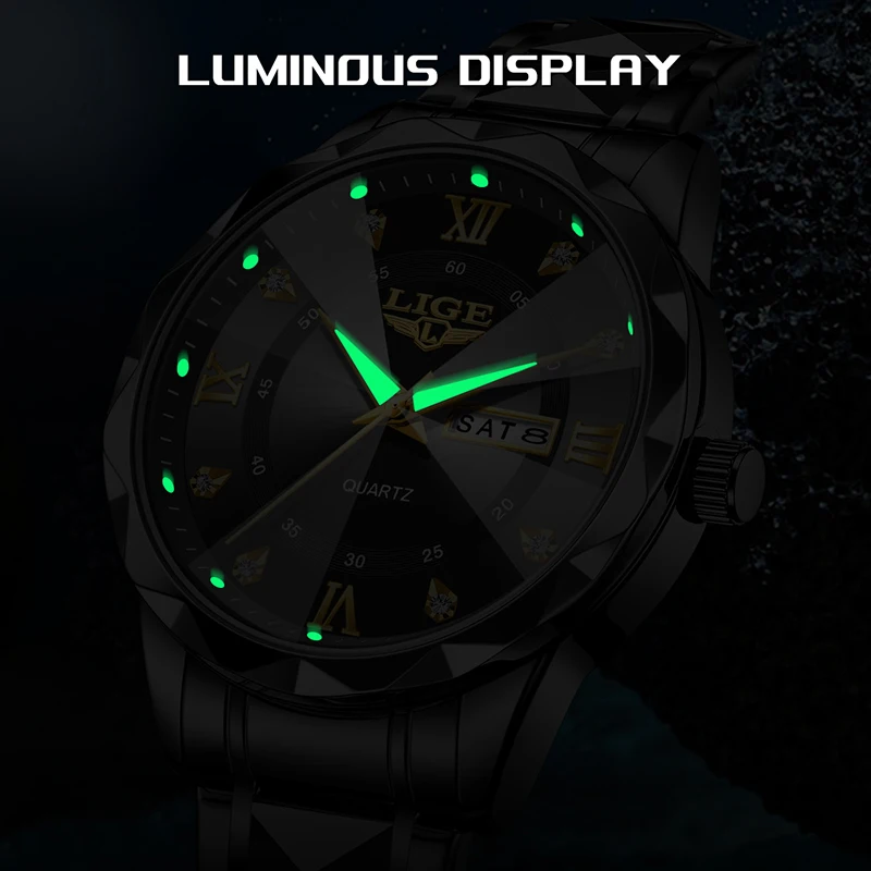 LIGE Creative Black Steel Diamond Watch Women Simple Elegant Woment Bracelet Watch Waterproof Luminous Quartz Clock Ladies Gift