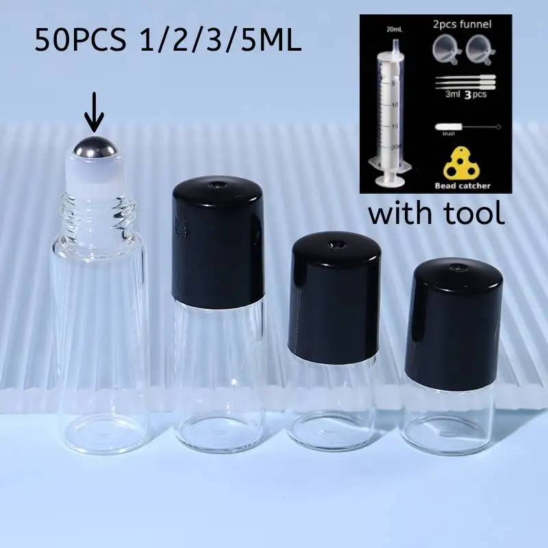 50PCS 1/2/3/5ML Metal Roller Ball Essential Glass Oil Bottle Empty Perfume Roll on Ball Refillable Liquid Container Amber 1