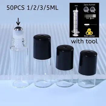 50PCS 1/2/3/5ML Metal Roller Ball Essential Glass Oil Bottle Empty Perfume Roll on Ball Refillable Liquid Container Amber 1