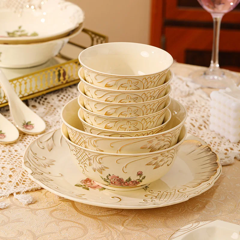 Beige Rose Painted Ceramic Plates Soup Bowls Rice Bowls Dessert Plates Dishes Kitchen Utensils Restaurant Service Boards
