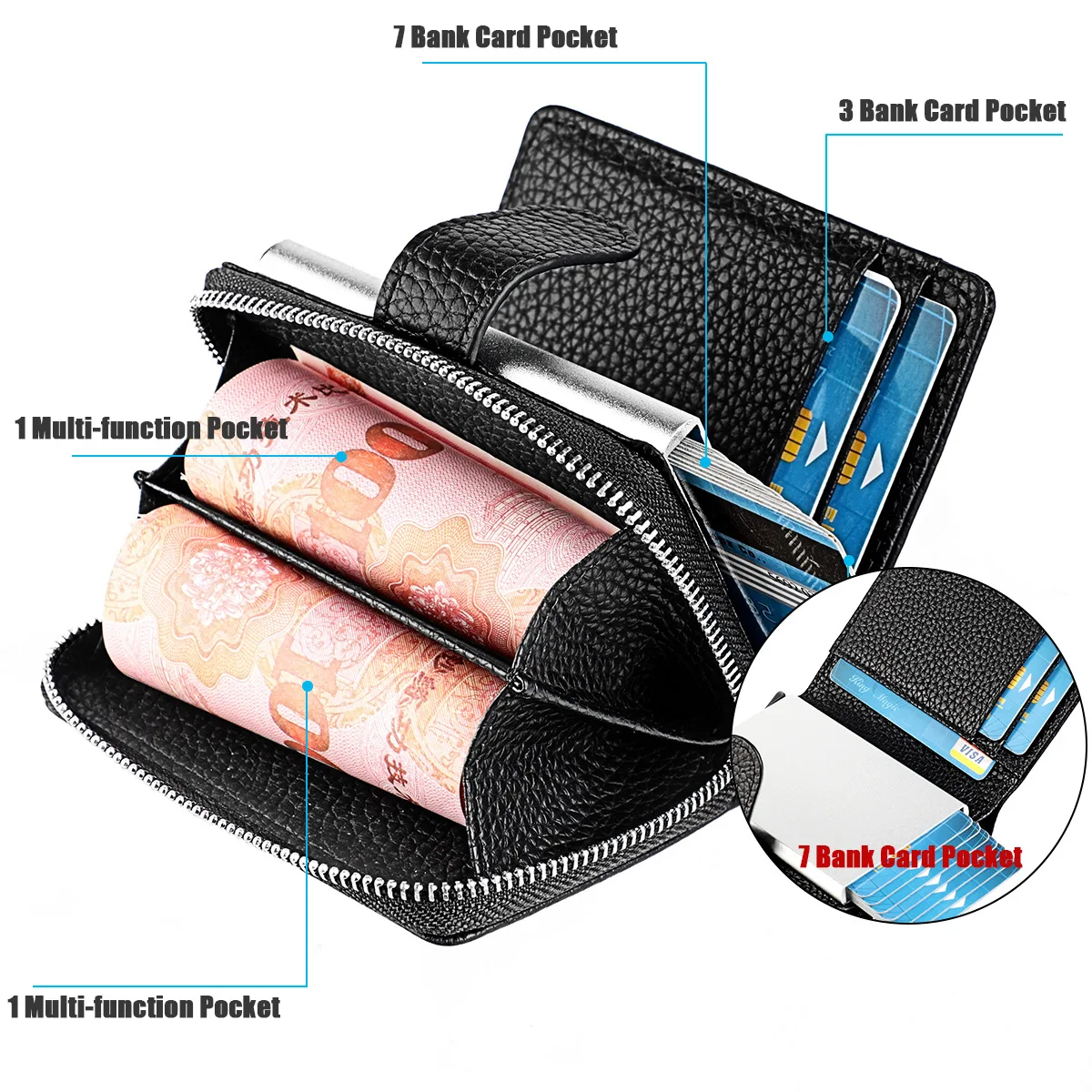 Short Wallet for Men Money Bag Male Aluminium Rfid Blocking Credit Card Holder Wallet Small Leather Zipper Coin Pocket Purse Bag