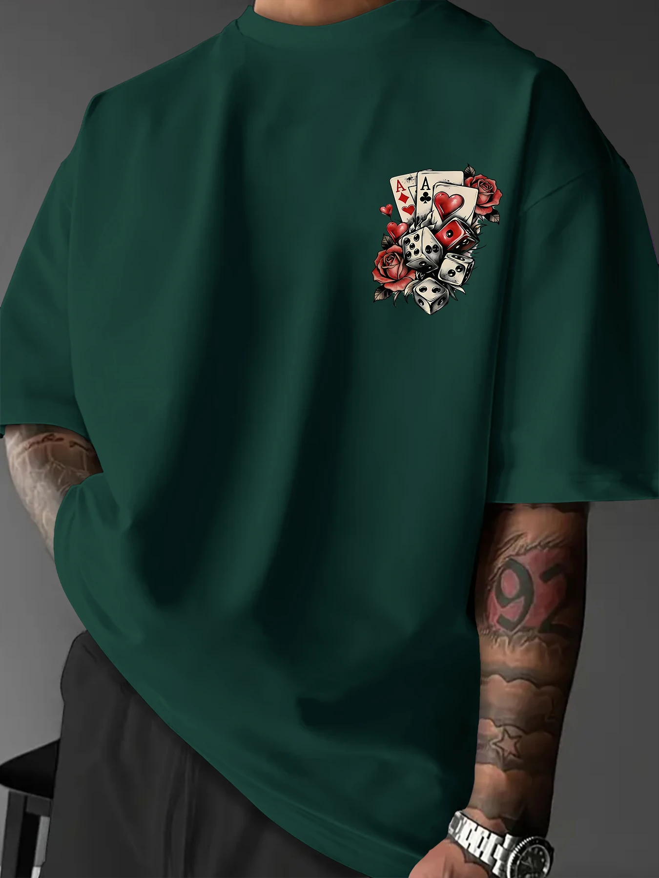 Herren-T-Shirt mit Poker-Würfel-Grafikdruck, Oversize, 100 % Polyester, Rose Streetwear, Kurzarm-Oberteil, S-XXL – Detail 7
