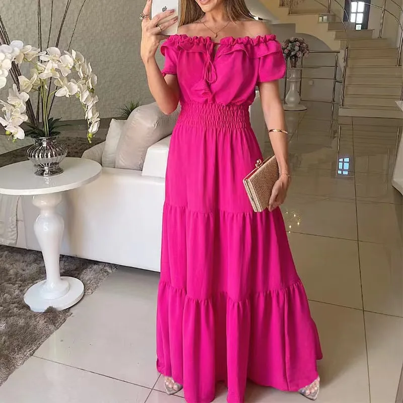 2026 Elegantes Damenkleid mit Schulterfreiem Design und Rüschenärmeln, Modisches Einfarbiges Kleid mit Elastischer Taille und Stufenrock