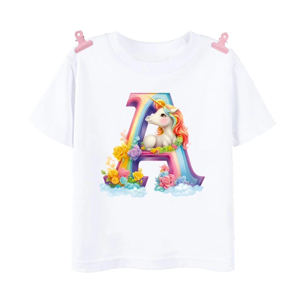 Unicorn Rainbow Initial A-Z Printed Kids Shirt Child Summer T-shirt Boys Girls Short Sleeve Tops Clothes Cute Toddles Outfit Tee 3