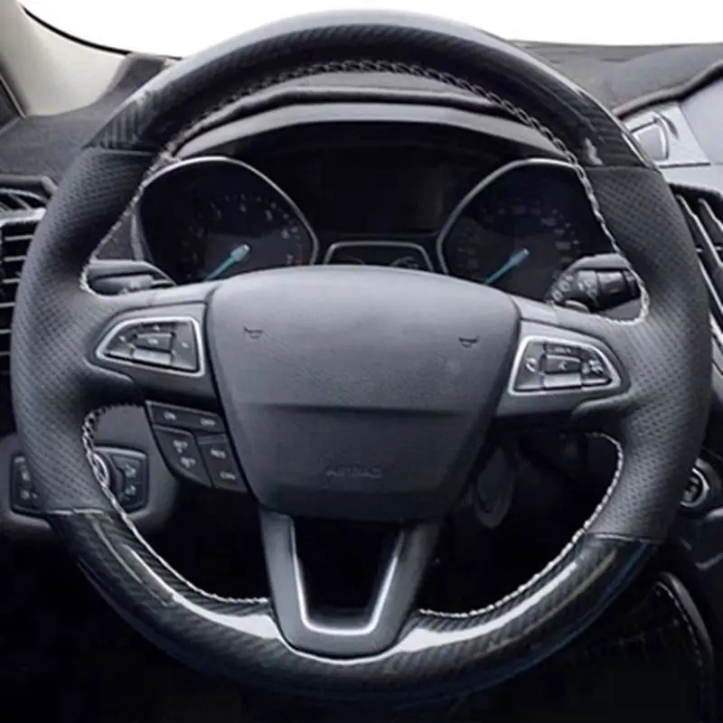 Coprivolante Per Auto Treccia In Pelle Nera In Fibra Di Carbonio Per Ford Focus (Rs | St | St-Line) Kuga (St-Line) Ecosport (St-Line)