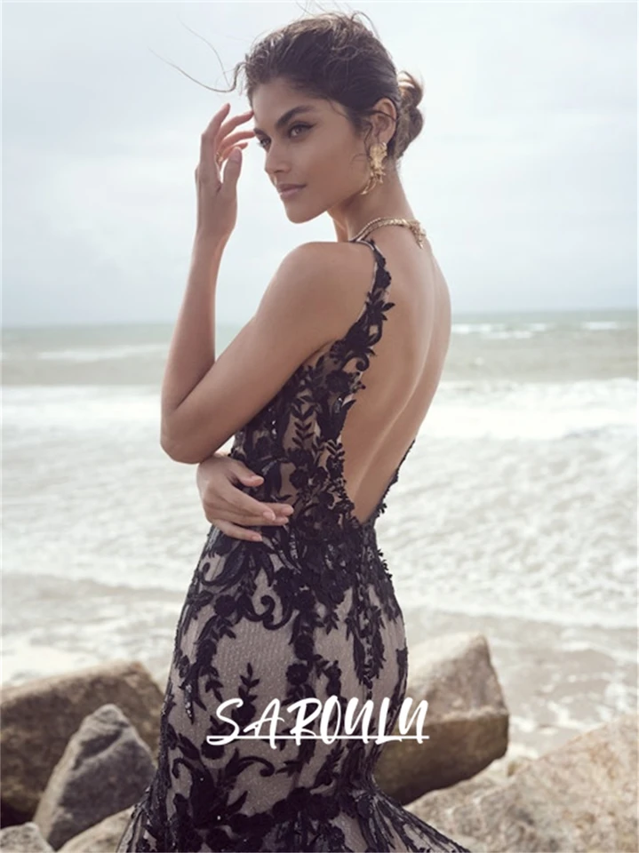 chinese dress ladies V-neck Long Black Lace Prom Dresses with Slit Side  loveangeldress
