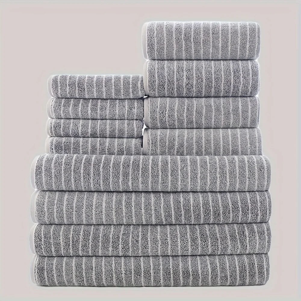 12-Piece Set: Quick-Dry, Highly Absorbent Striped Towels 1