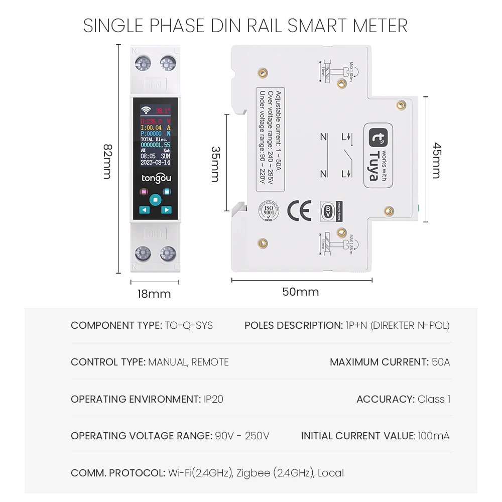 1P 50A Tuya WIFI Smart Switch Circuit Breaker LED Energy Meter KWh Power Metering Timer Relay Remote Control Smart Life APP smart switch circuit breaker