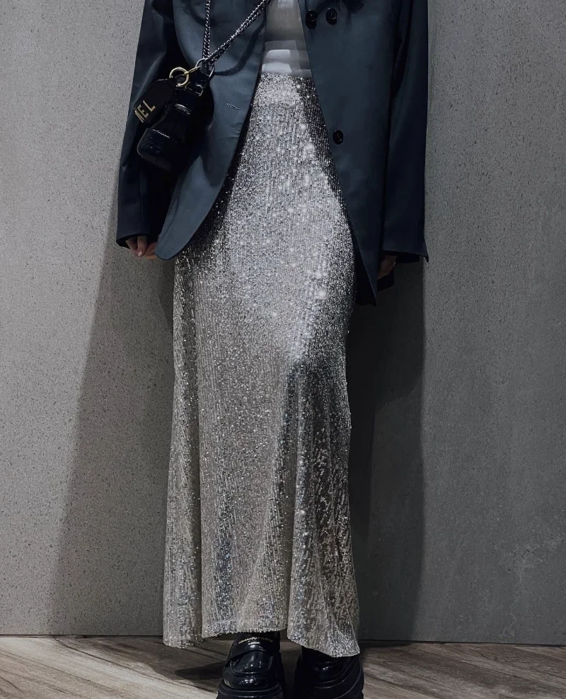 Sequins Loose Dress Sets Women Long Sleeve Crop Tops High Waist Sexy Maxi Skirts Ladies Two Piece Suits Womens Outifits