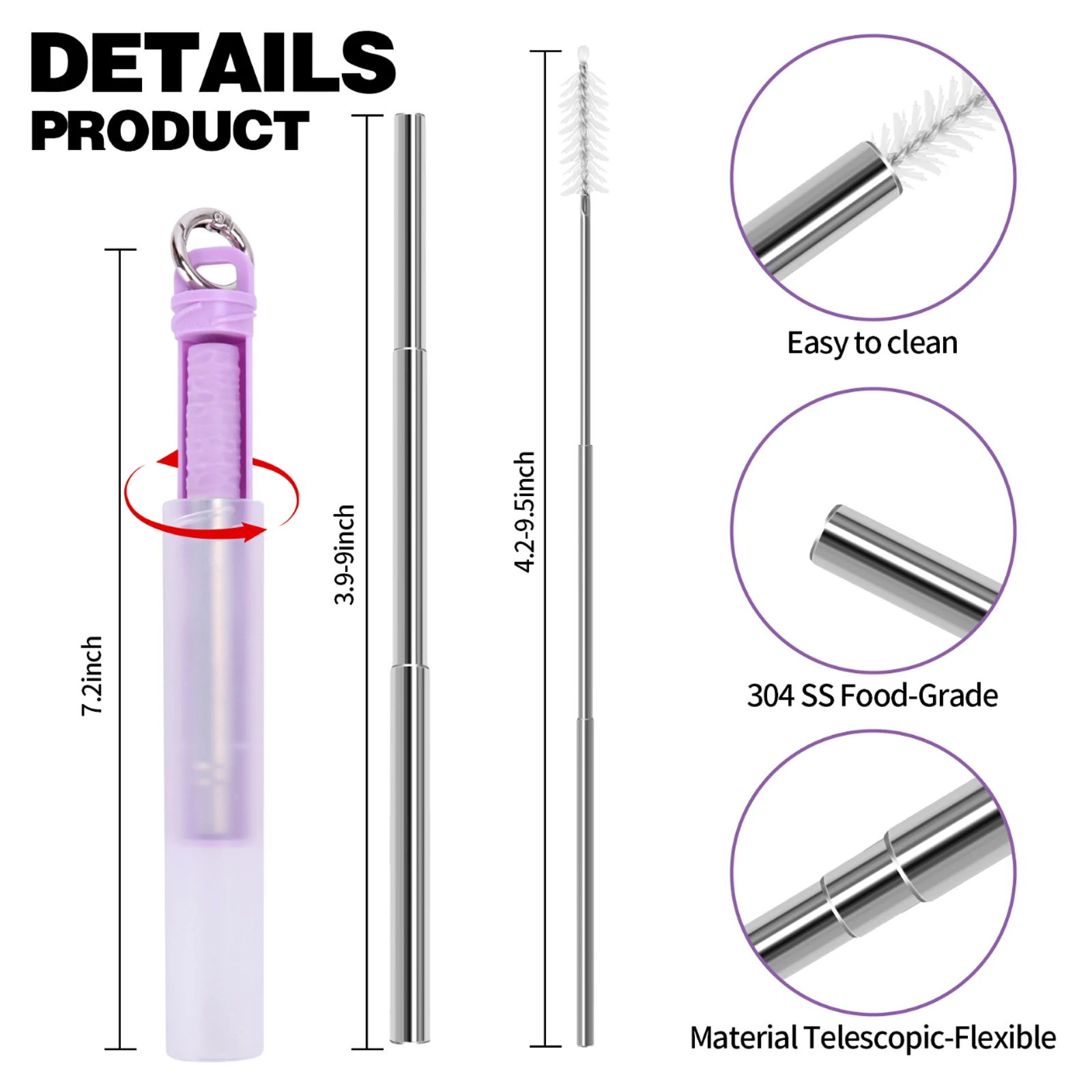 Eco-Friendly Reusable Retractable Straw Set with Portable Cleaning Brush and Keychain Holder