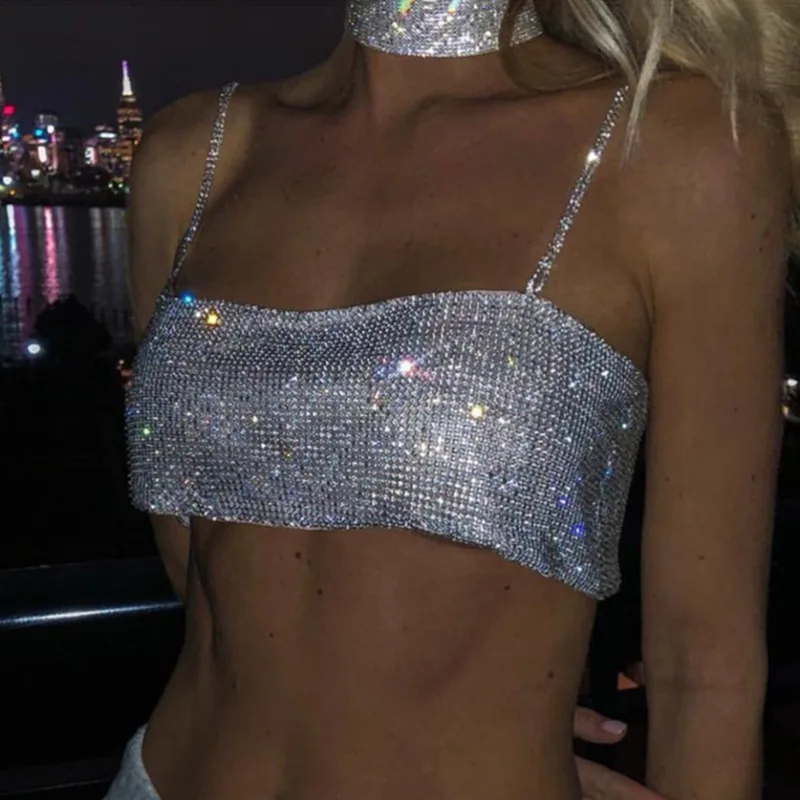 

2022 Y2k Tops Sequin Shiny Crystal Chain Tank Top Glitter Metal Mesh Halter Strap Crop Tops Festival Party Sexy Women Outfits