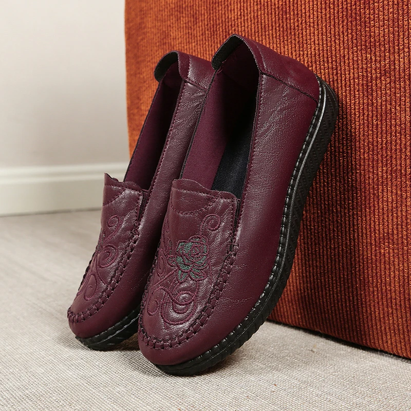 Vintage Scroll Embroidered Faux Leather Slip-On Loafers with Smooth Upper and Lightweight Design