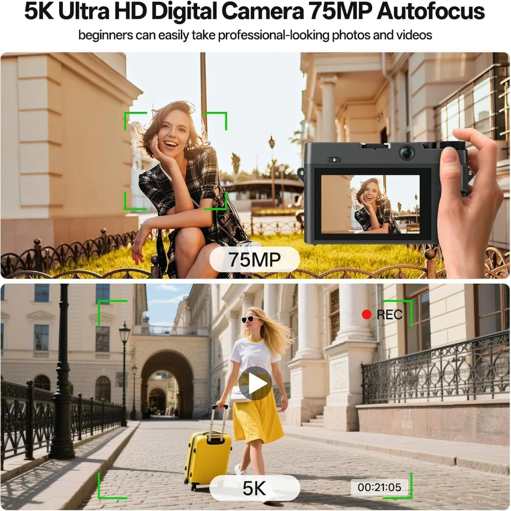 5K 디지털 카메라, 75MP 포인트 앤 슛 디지털 카메라 64GB, 듀얼 렌즈 18배 줌 오토포커스, WiFi 브이로그 카메라