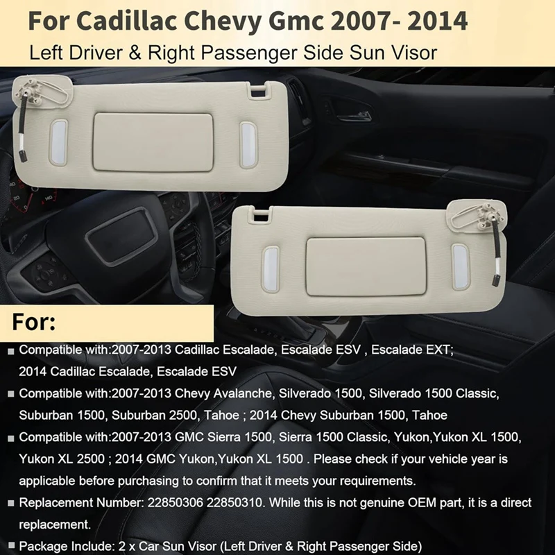 

Car Left Driver & Right Passenger Sun Visor For Cadillac Chevy Gmc 2007-2014 Sun Visor 22850306 22850310 Accessories