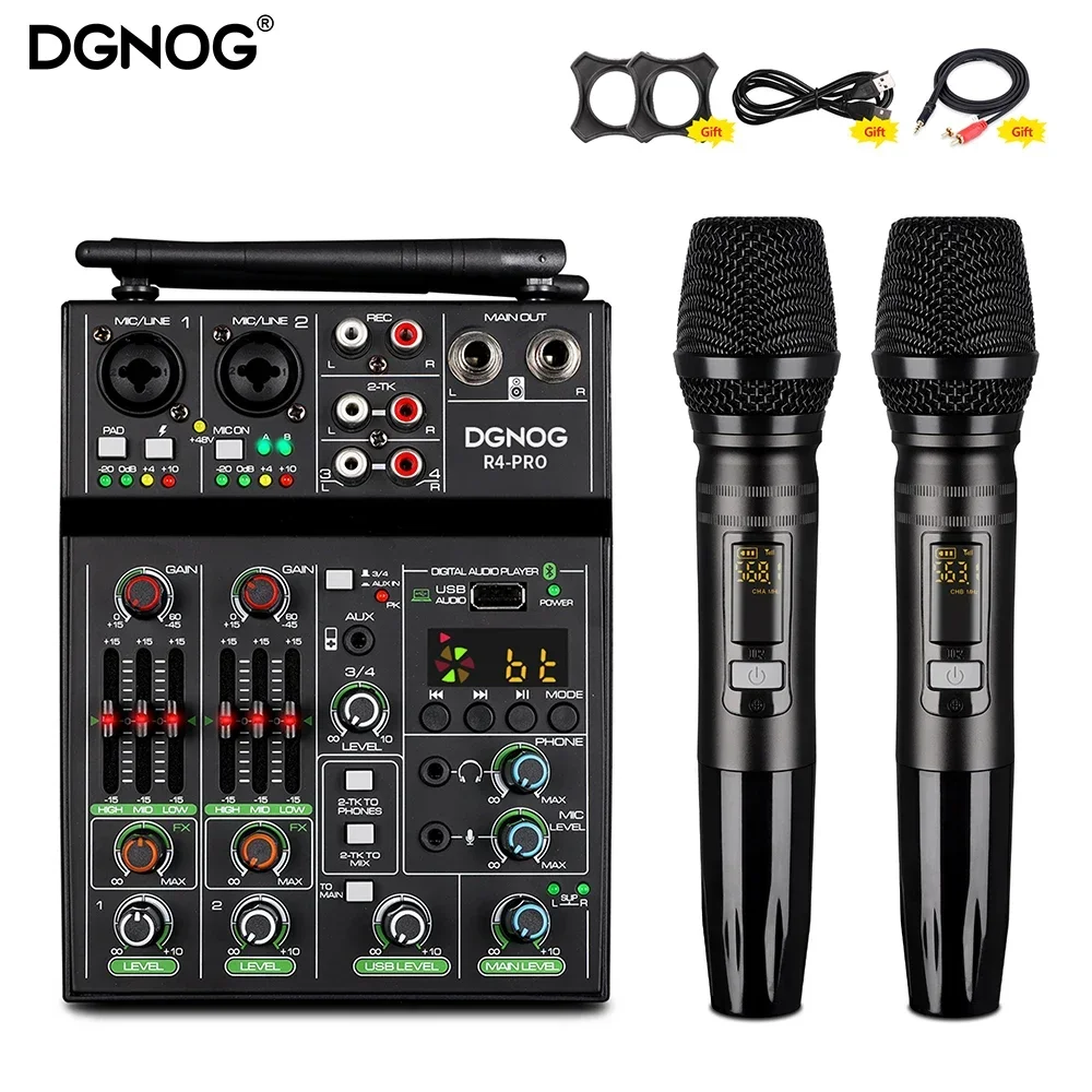 USB 4channel Audio Mixer with UHF Wireless Mics For Home Karaoke PC Recording Mixing DJ Console with Bluetooth Mini Sound Table