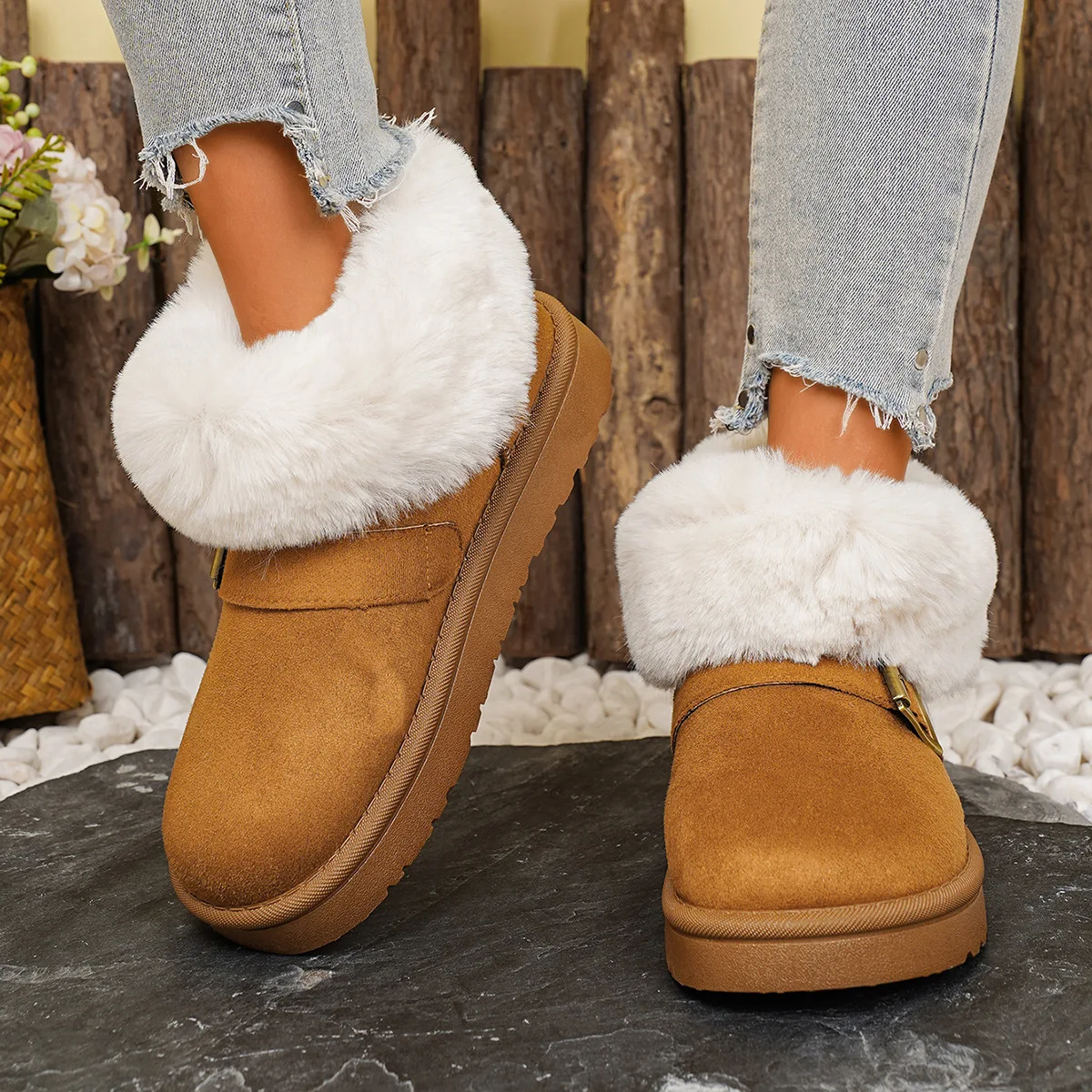 Metal Belt Buckle Fashion Snow Boots Women 2025 Winter Luxury Faux Fur Ankle Boots Warm Short Plush Non Slip Brand Shoes Woman