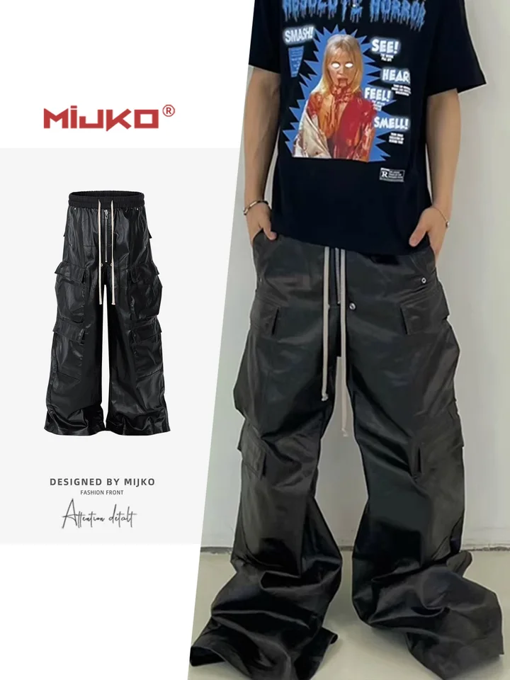 パンツ Mijko black gimmick cargo pants street MIJKO Sliver Black Men's RO-Style Coated Cargo Pants Wide Leg
