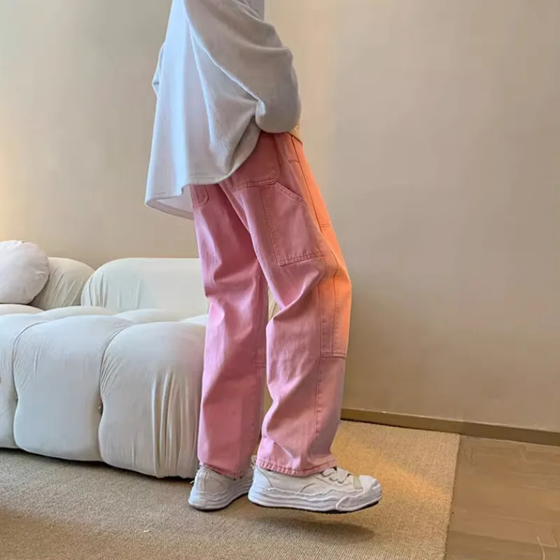 Pink Jeans Men Fashion Vintage Pocket Cargo Jeans Men Streetwear Hip Hop Loose Straight Denim Trousers Mens Wide Leg Pants S-3XL